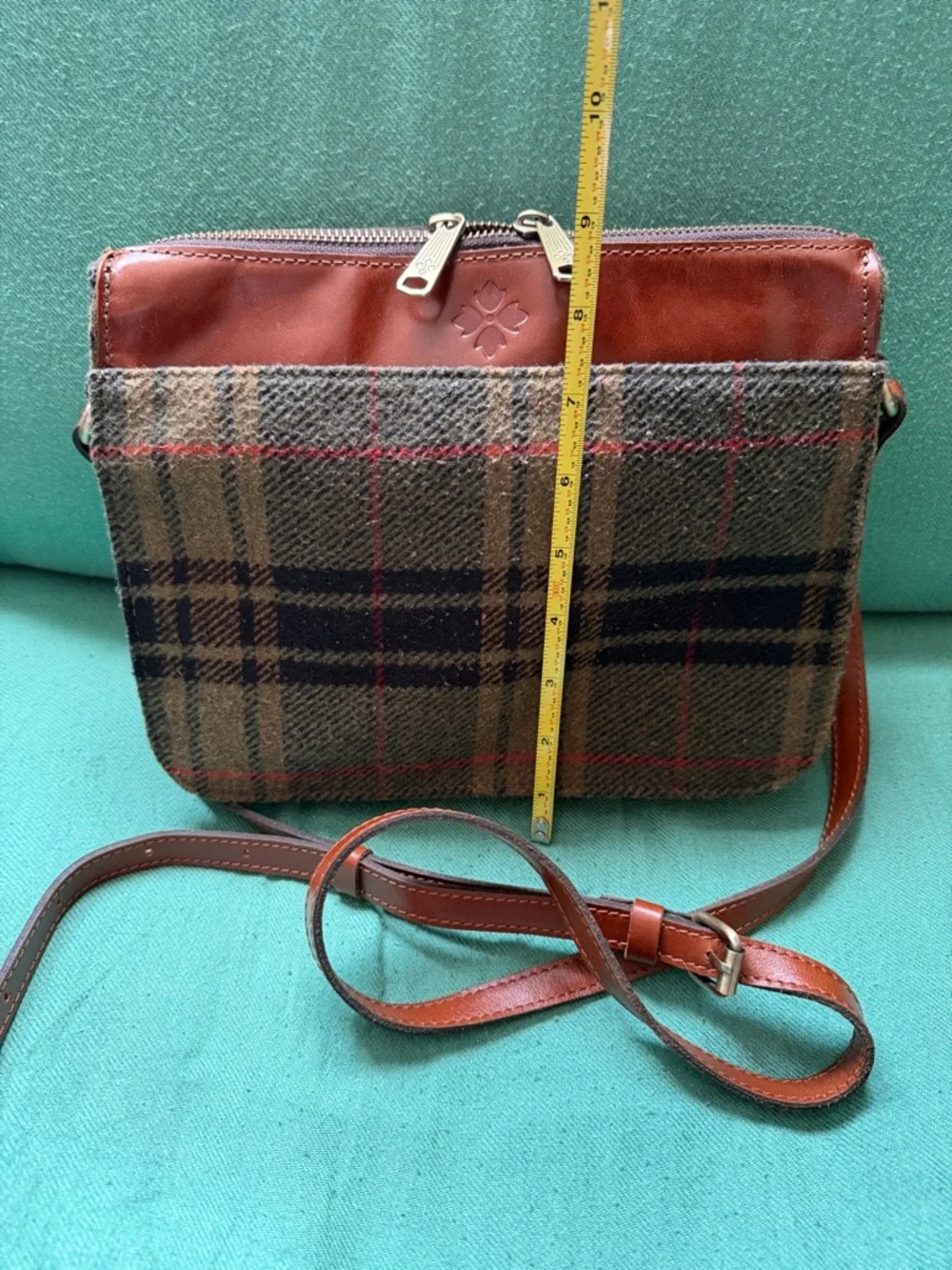 Patricia Nash Brown Plaid Wool & Chestnut Leather Messenger Bag